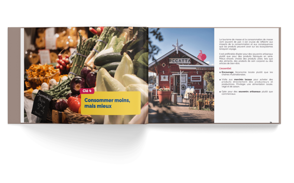 Mockup d'un livre digital sur le voyage responsable, illustrées par des photos de voyage en Europe
