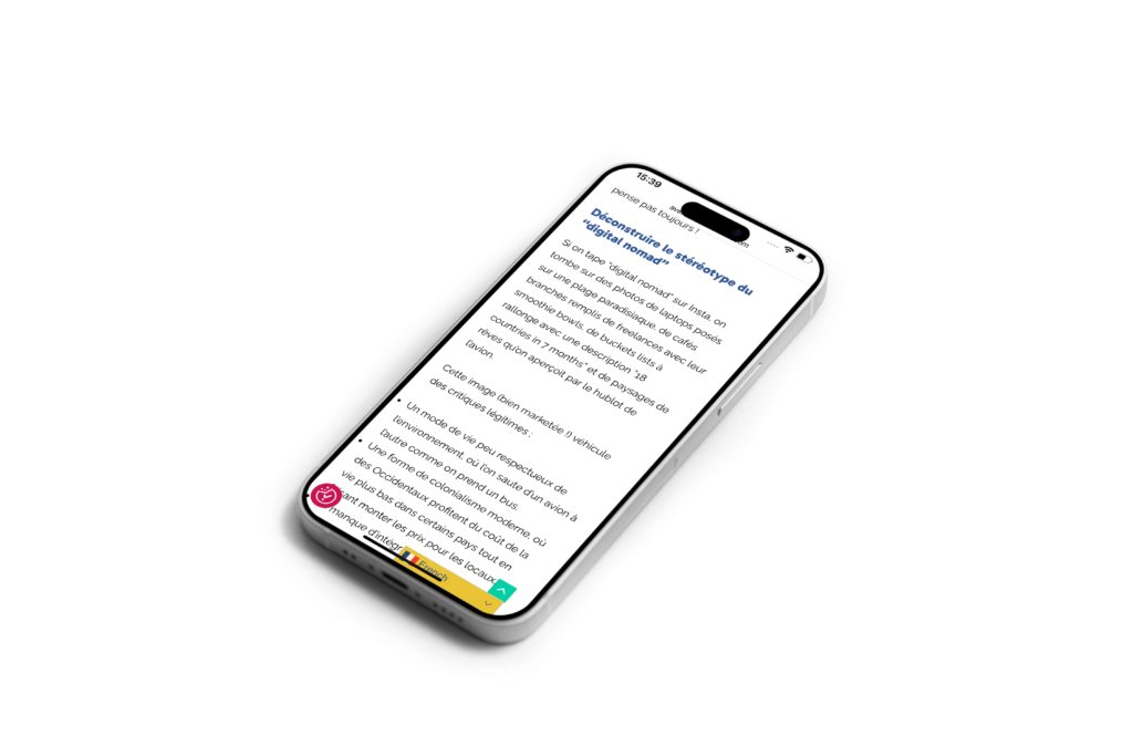 Une partie du corps de texte de l’article affichée sur un téléphone incliné.
