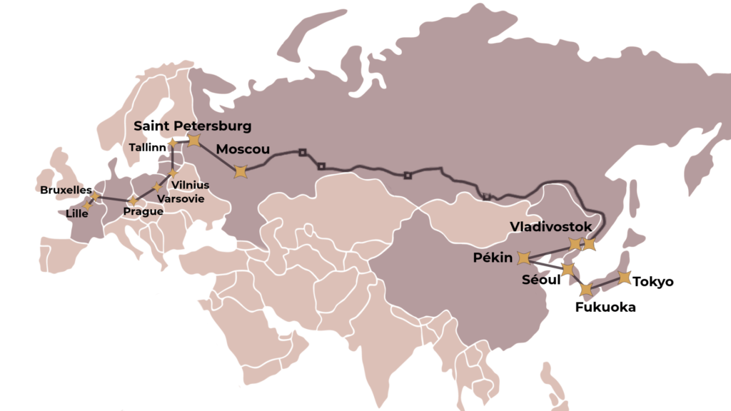 Carte du parcours de Jérémie de Lille au Japon sans avion, en passant par l'Europe, la Russie, la Chine et la Corée, via train et ferry.